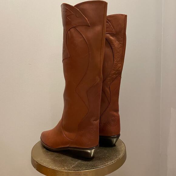 Vintage 80s Leather Boots 7 | Made in Brazil, Embossed Western Riding Boots, NEW - Picture 9 of 9